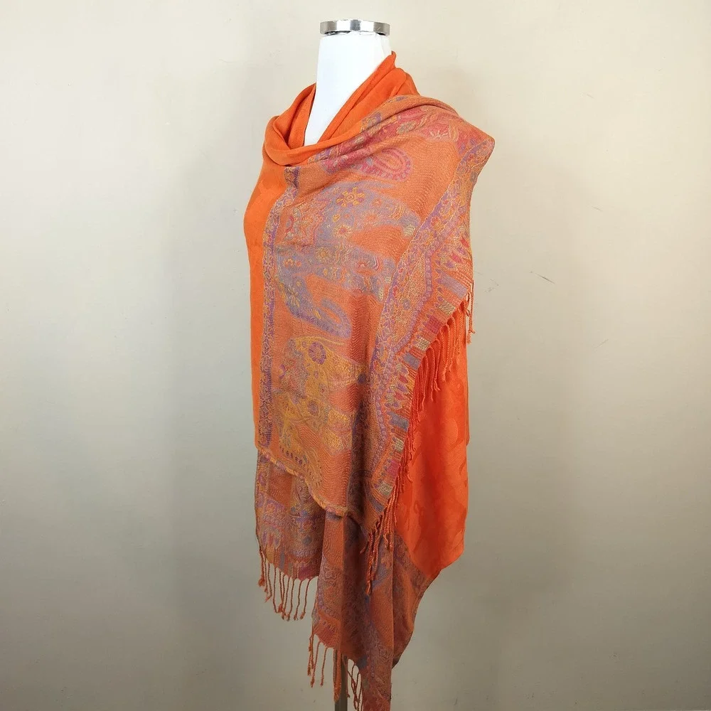 Jamawar Shawl Wrap Scarf Elephant Paisley Orange Women's Boho Bohemian 26x70